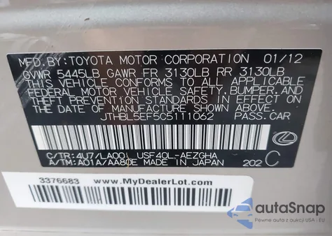 2012 Lexus Ls 460 from USA, damaged, VIN JTHBL5EF5C5111062